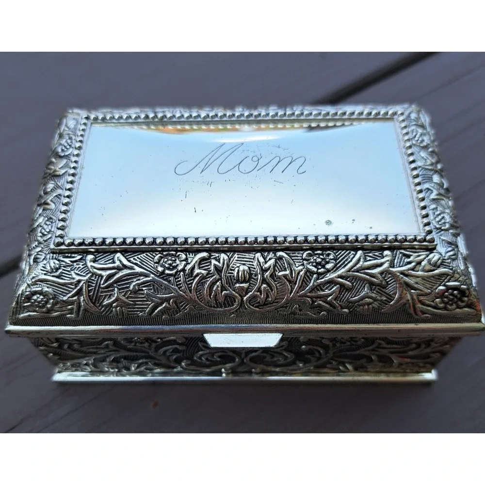 VTG Silver Plated Trinket Jewelry Box Present For Mother Blue Velvet Inner